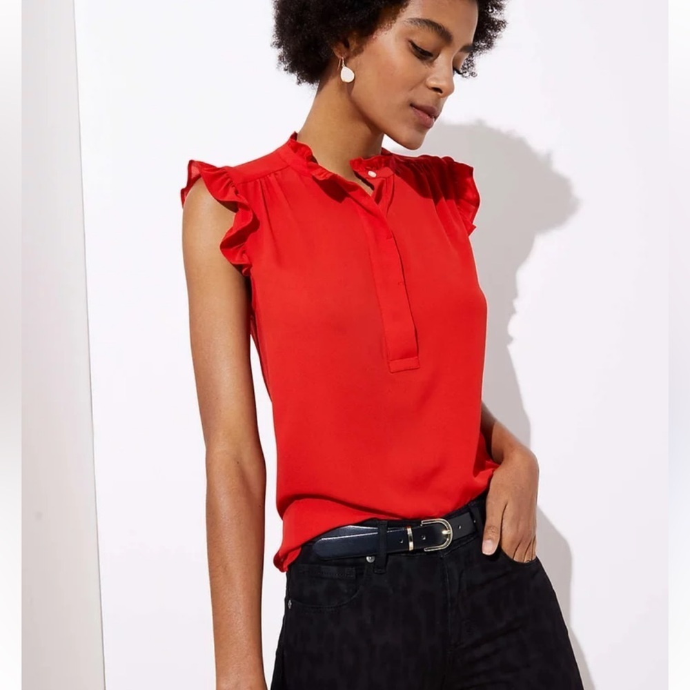 Loft Ruffle Henley Shell Red Blouse Size S